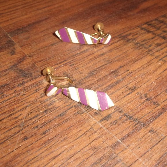 Alice screw clip earrings gold tone purple white striped necktie dangles - Picture 1 of 1